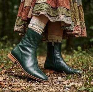 L'Intervalle Forest Green🌲Leather Boots Square Toe Sz 38(US7.5-8)Boho Festival